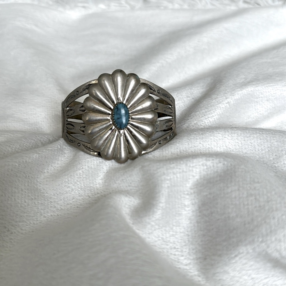 Vintage Bell Trading Post Nickel Silver Turquoise Cuff Bracelet